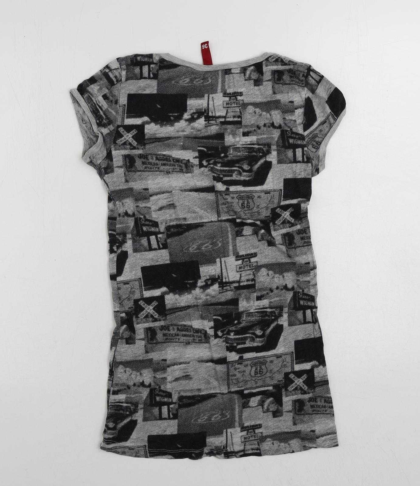 Divided by H&M Womens Grey Geometric Cotton Basic T-Shirt Size 8 Round Neck
