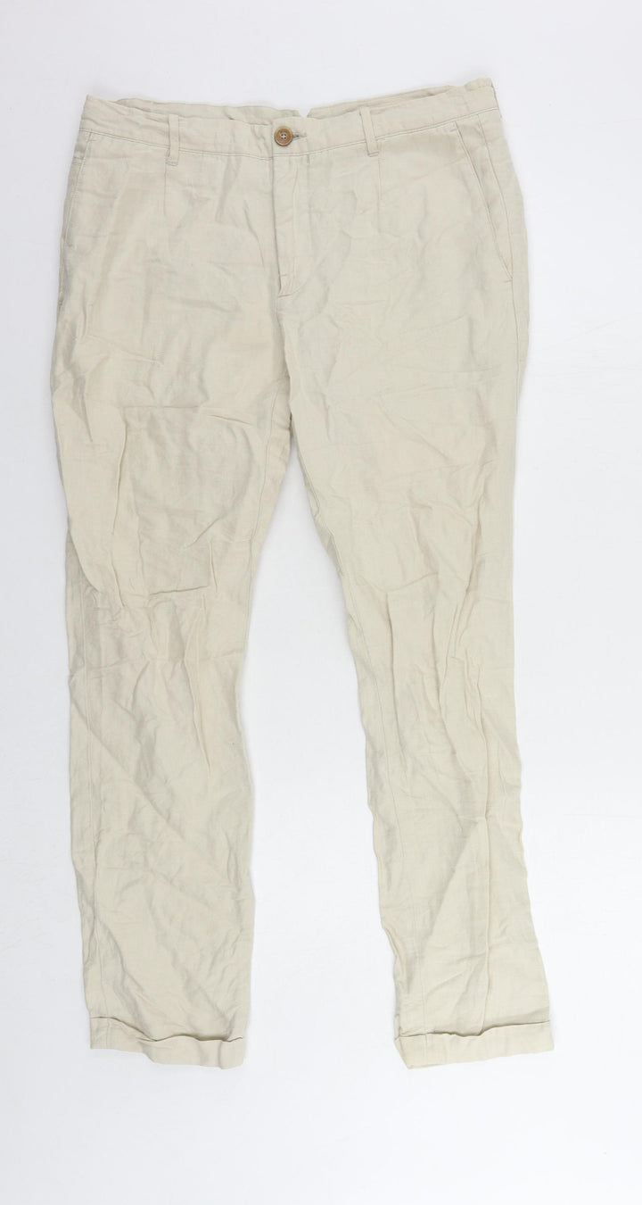 Mango Womens Beige Cotton Chino Trousers Size 12 L30 in Regular Zip