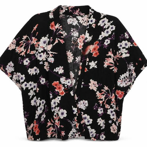 h7M Womens Black Floral Viscose Kimono Blouse Size S V-Neck - Open