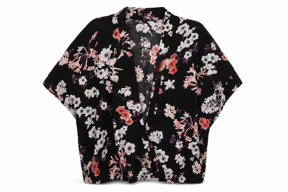 h7M Womens Black Floral Viscose Kimono Blouse Size S V-Neck - Open