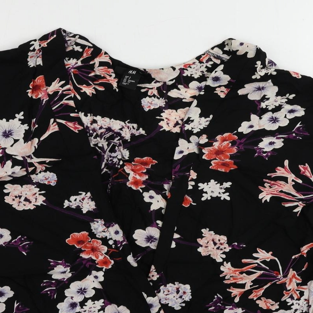 h7M Womens Black Floral Viscose Kimono Blouse Size S V-Neck - Open
