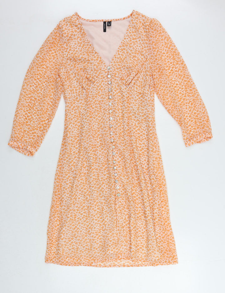 VERO MODA Womens Orange Animal Print Polyester A-Line Size M V-Neck Zip