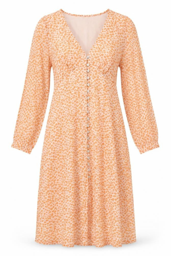 Front view of Vero Moda women’s orange animal print polyester a-line, size M, v-neck zip