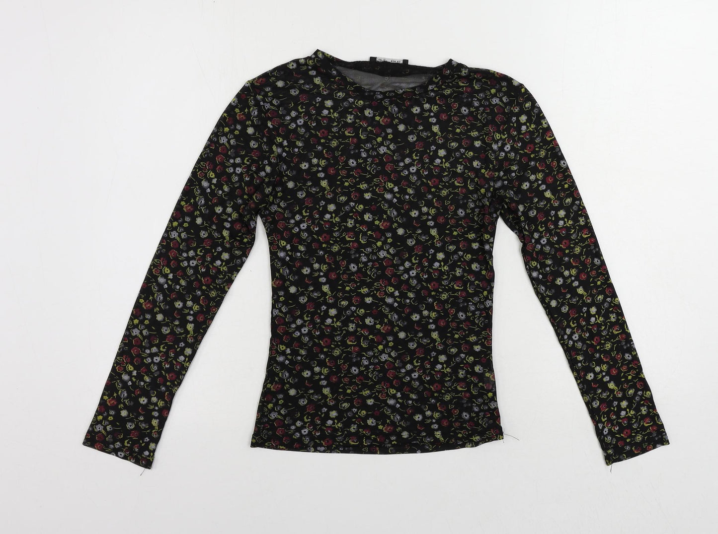 Innocence Womens Black Floral Polyester Basic T-Shirt Size 12 Crew Neck - Sheer