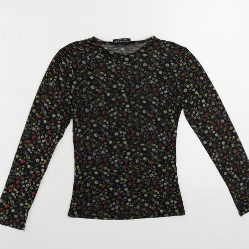 Innocence Womens Black Floral Polyester Basic T-Shirt Size 12 Crew Neck - Sheer