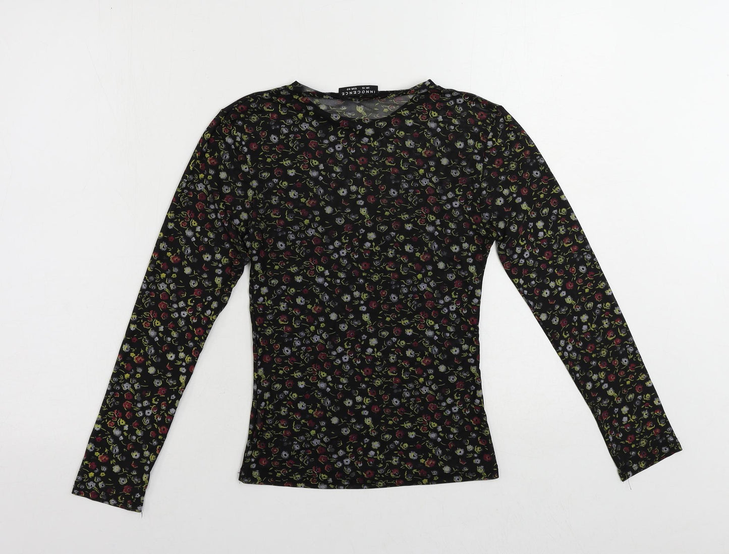 Innocence Womens Black Floral Polyester Basic T-Shirt Size 12 Crew Neck - Sheer
