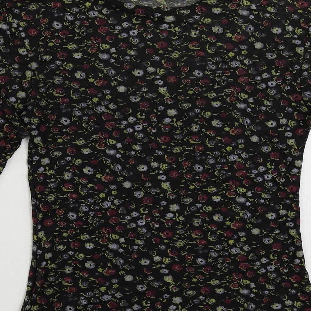 Innocence Womens Black Floral Polyester Basic T-Shirt Size 12 Crew Neck - Sheer