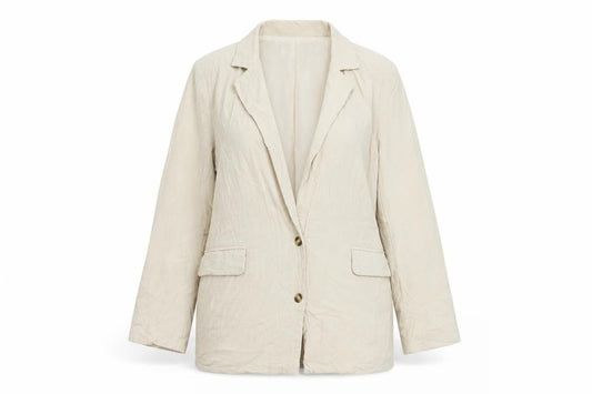 Front view of I SAW IT FIRST women’s beige jacket blazer, size UK 12, button
