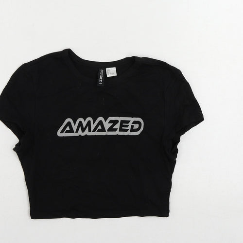 Divided by H&M Womens Black Cotton Cropped T-Shirt Size S Crew Neck - Amazed