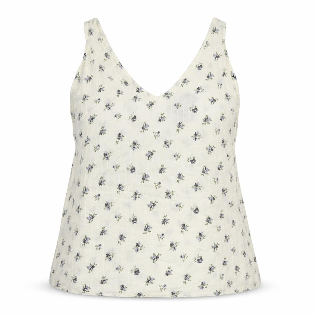 Front view of Pieces women’s ivory floral viscose basic tank, size M, v-neck