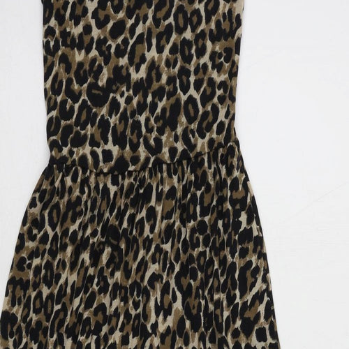 Topshop Womens Black Animal Print Polyester Slip Dress Size 6 Scoop Neck Pullover - Leopard Print