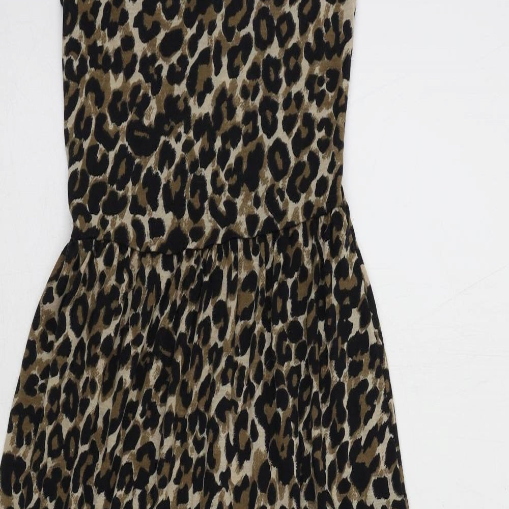 Topshop Womens Black Animal Print Polyester Slip Dress Size 6 Scoop Neck Pullover - Leopard Print
