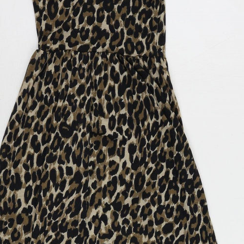 Topshop Womens Black Animal Print Polyester Slip Dress Size 6 Scoop Neck Pullover - Leopard Print