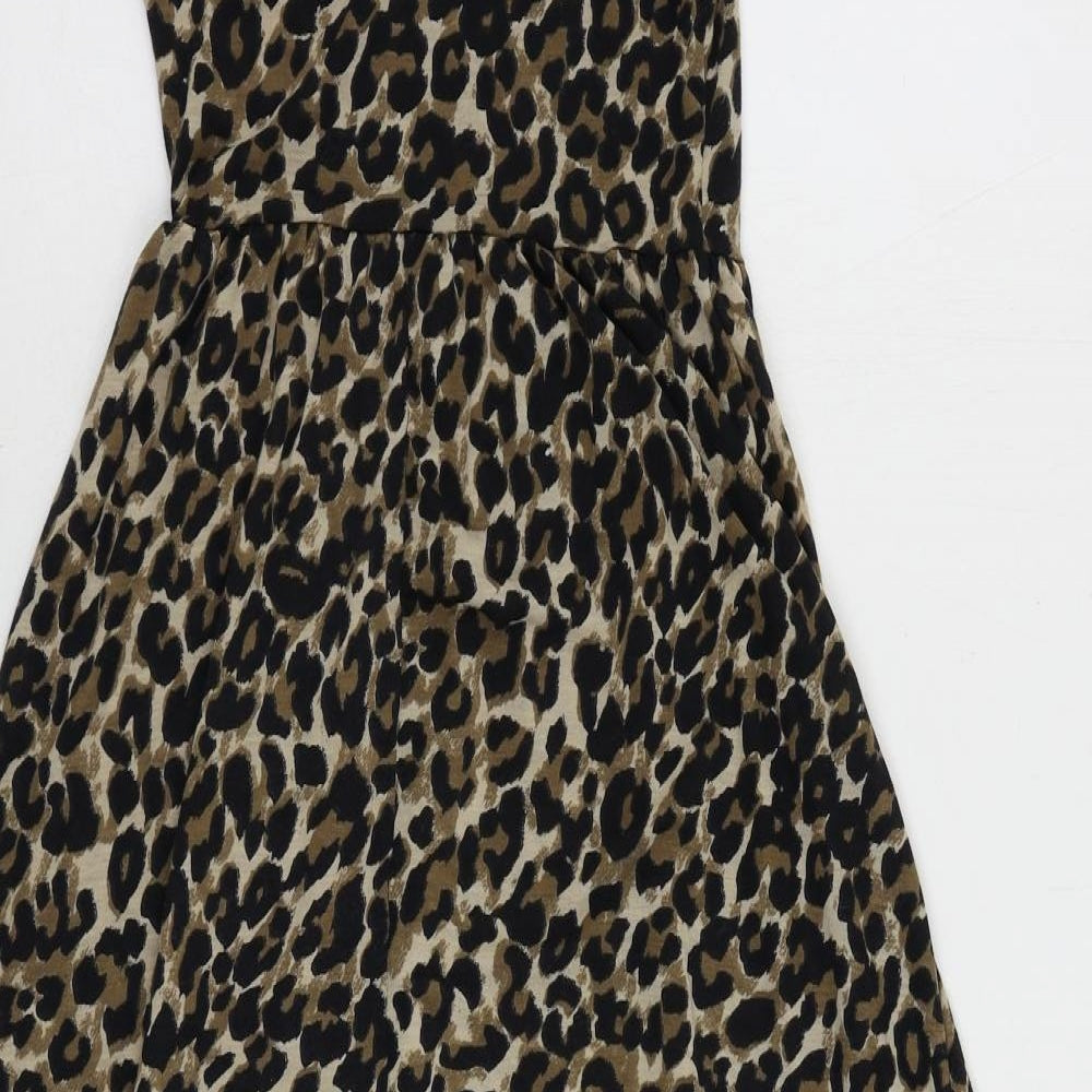 Topshop Womens Black Animal Print Polyester Slip Dress Size 6 Scoop Neck Pullover - Leopard Print