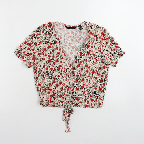 VERO MODA Womens Multicoloured Floral Viscose Cropped Blouse Size M V-Neck - Tie Front
