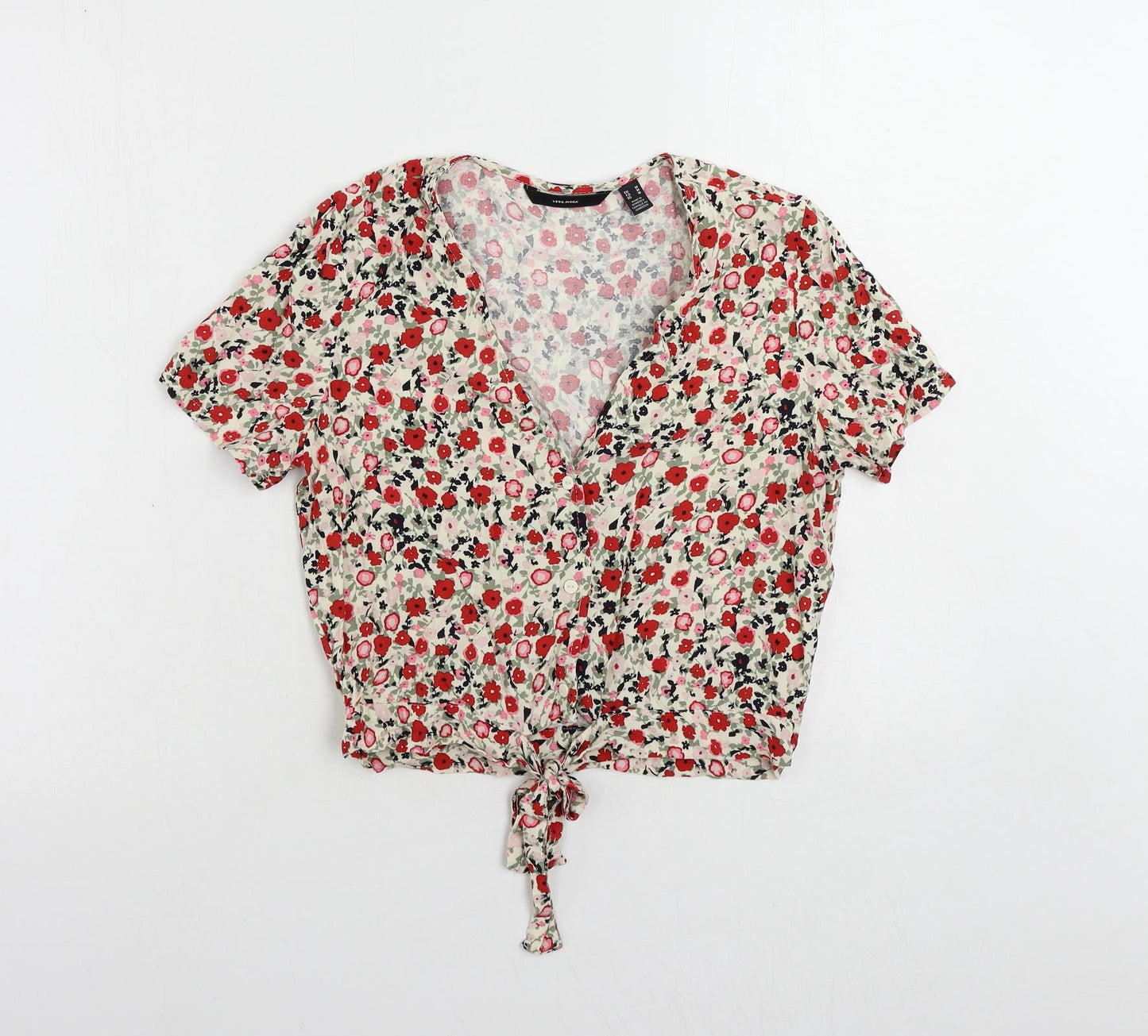 VERO MODA Womens Multicoloured Floral Viscose Cropped Blouse Size M V-Neck - Tie Front