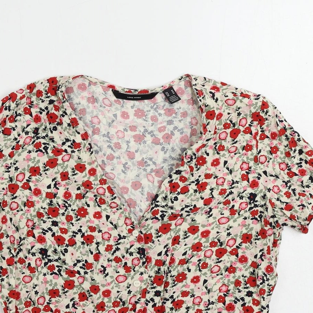 VERO MODA Womens Multicoloured Floral Viscose Cropped Blouse Size M V-Neck - Tie Front