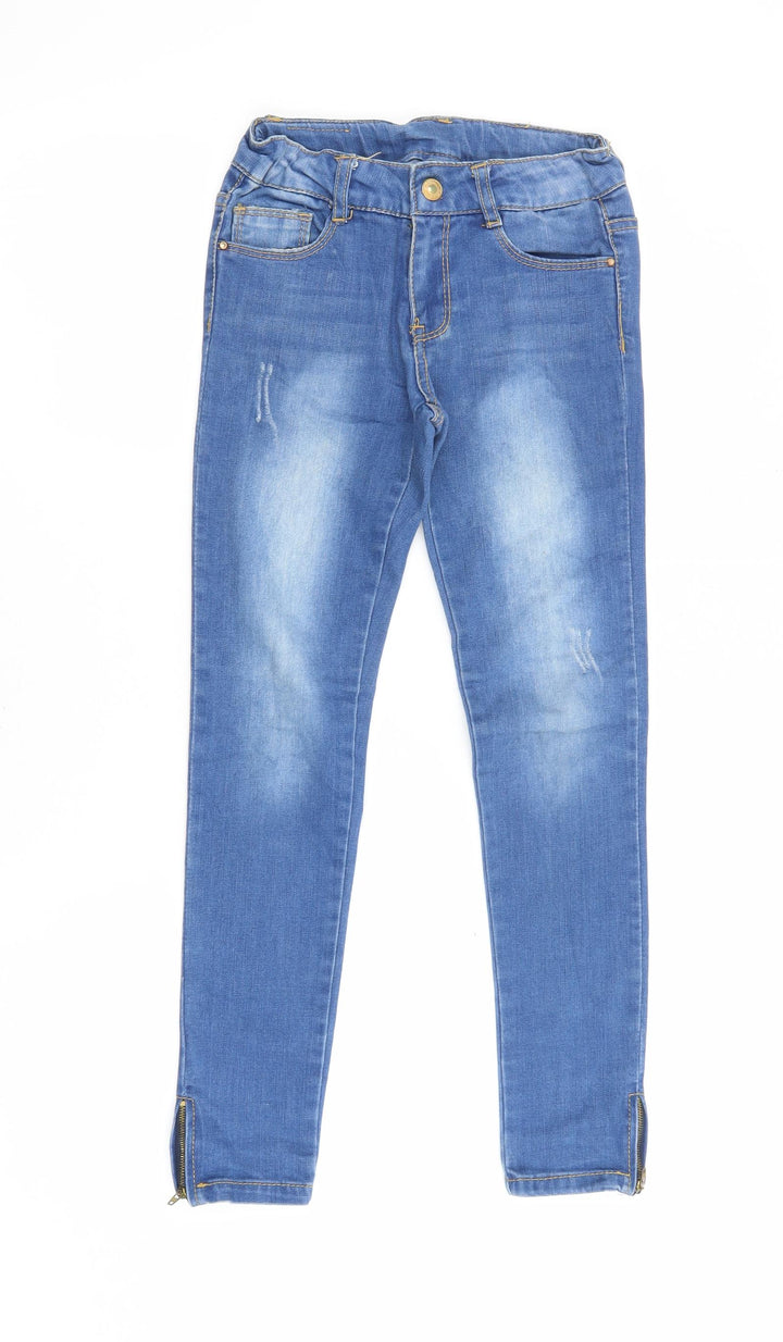 Zara Girls Blue 100% Cotton Skinny Jeans Size 7-8 Years L25.5 in Regular Zip - Zipped Hems
