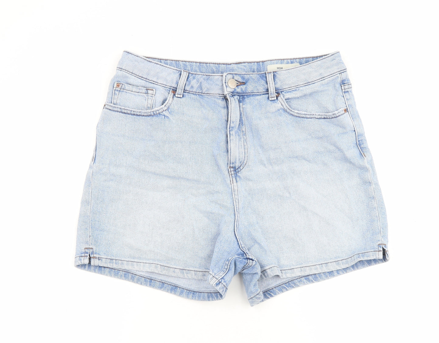 Marks and Spencer Womens Blue Cotton Mom Shorts Size 14 Regular Zip - Inside Leg 3.5Inc