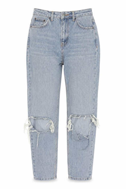 Front view of Topshop women’s blue cotton mom jeans, size UK 26, in, 32-inch leg regular zip