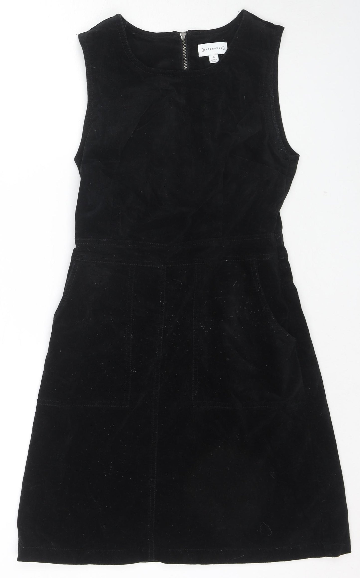 Warehouse Womens Black Cotton Tank Dress Size 6 Round Neck Zip