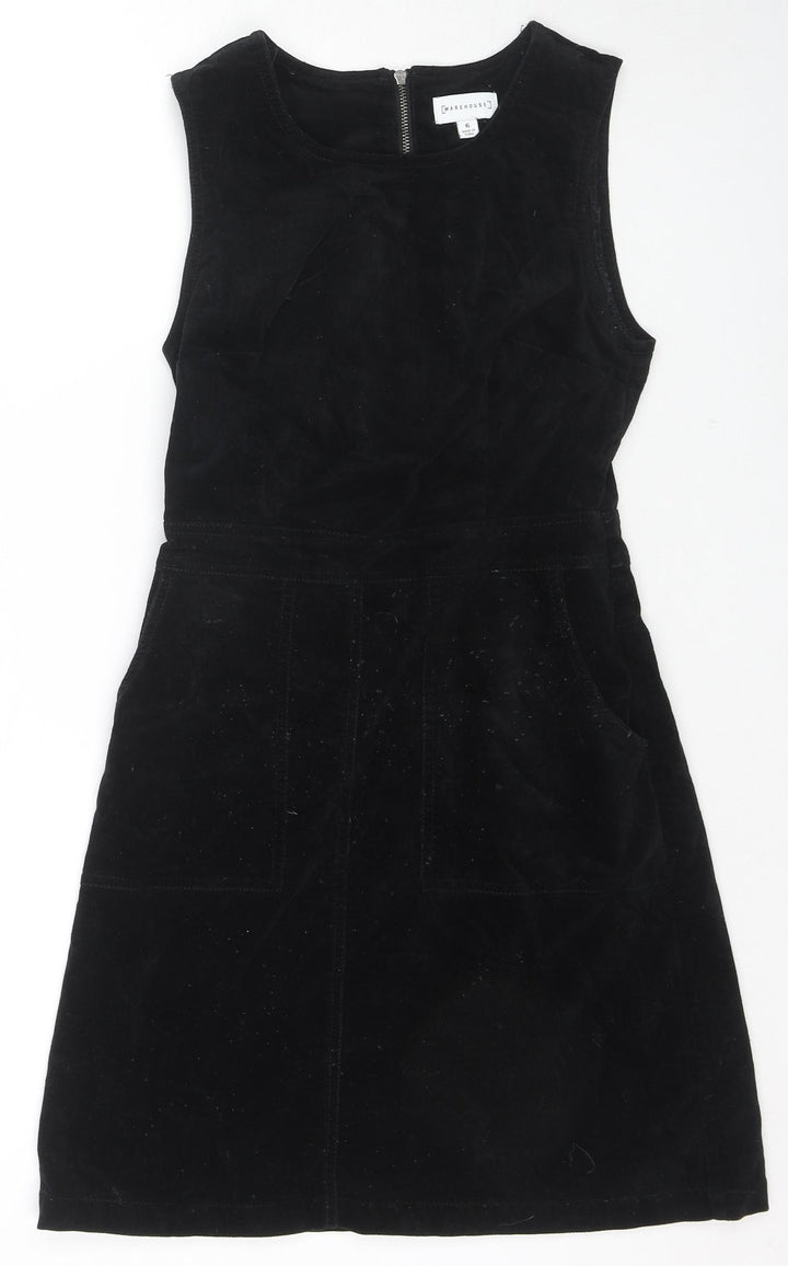 Warehouse Womens Black Cotton Tank Dress Size 6 Round Neck Zip