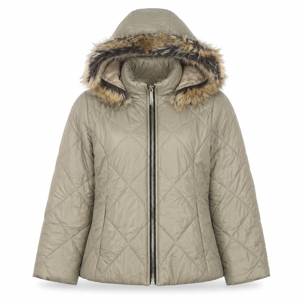 Front view of Boohoo women’s beige puffer jacket jacket, size L, zip