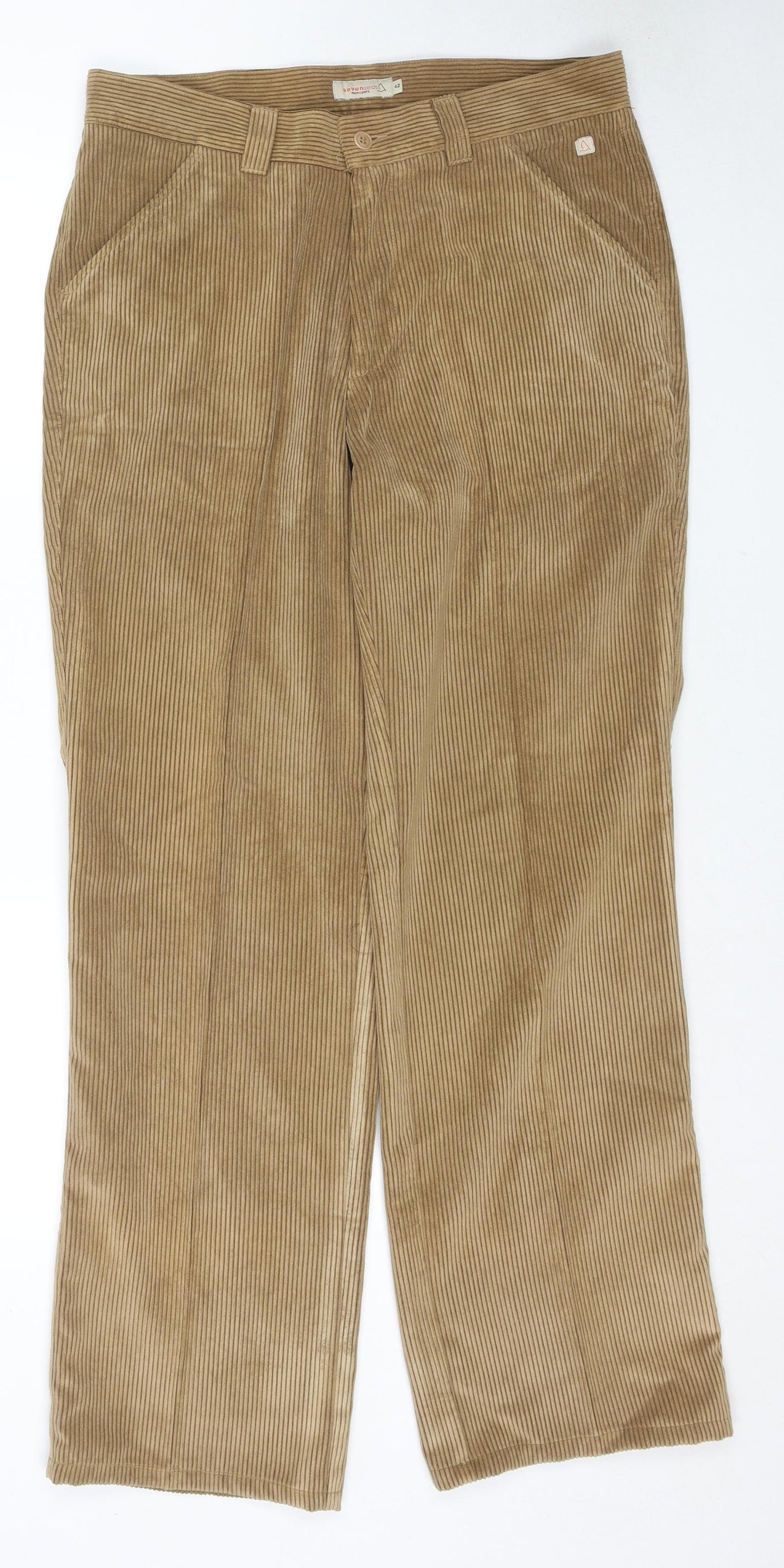 SevenSeas Mens Beige Cotton Trousers Size L L32 in Regular Zip