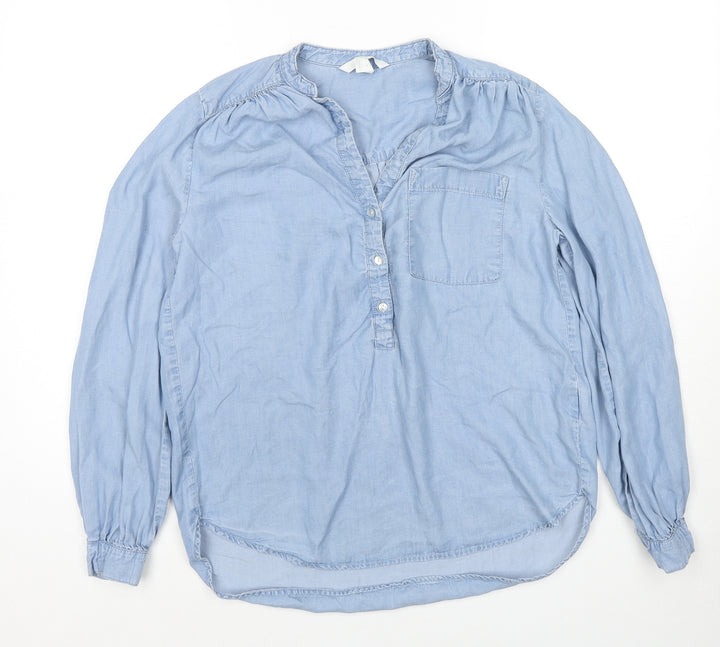 H&M Womens Blue Lyocell Basic Button-Up Size 6 V-Neck