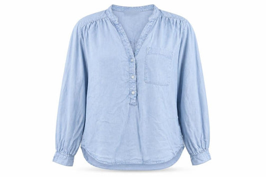 Front view of H&M women’s blue lyocell basic button-up, size UK 6, v-neck
