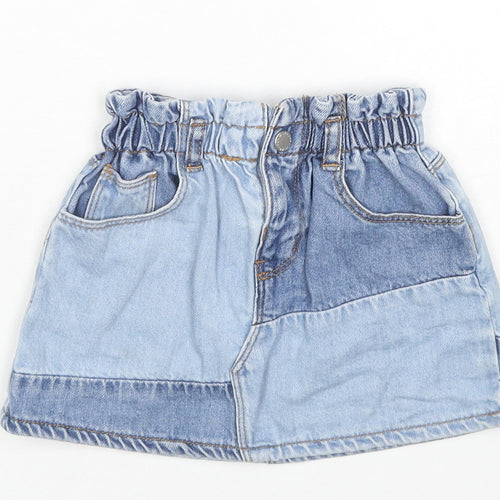 Zara Girls Blue Colourblock Cotton Mini Skirt Size 3-4 Years Regular Zip