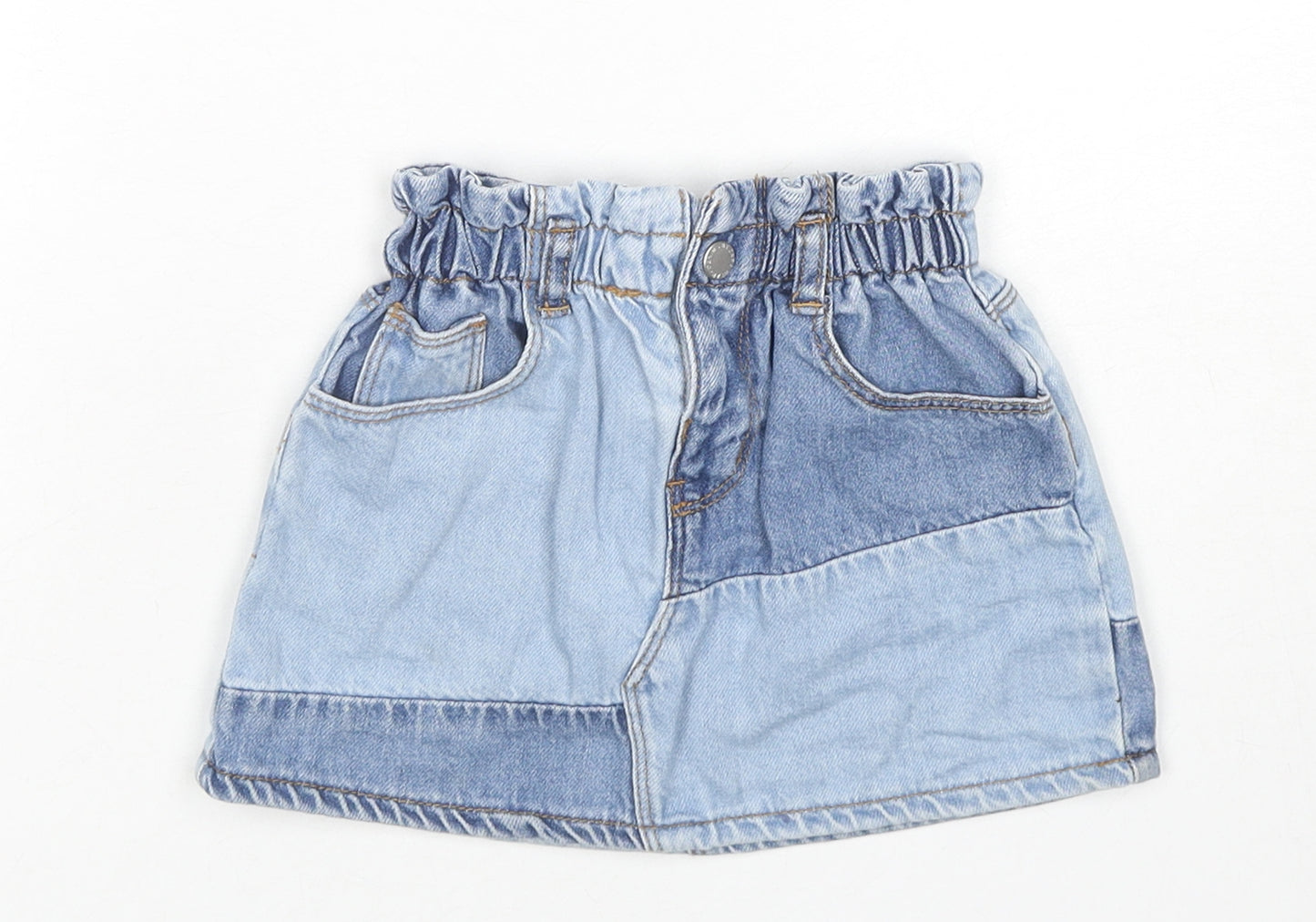 Zara Girls Blue Colourblock Cotton Mini Skirt Size 3-4 Years Regular Zip