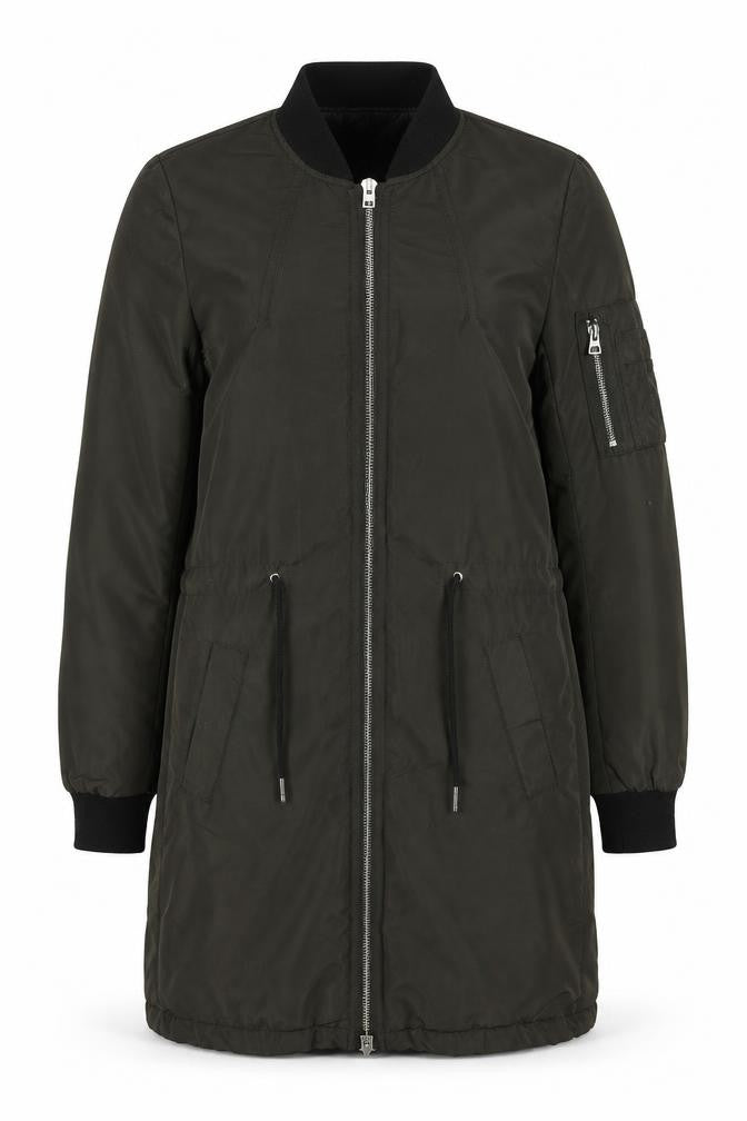 Front view of Divided by H&M women’s green parka jacket, size UK 6, zip