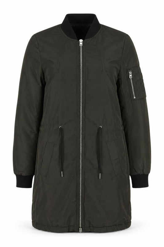 Front view of Divided by H&M women’s green parka jacket, size UK 6, zip