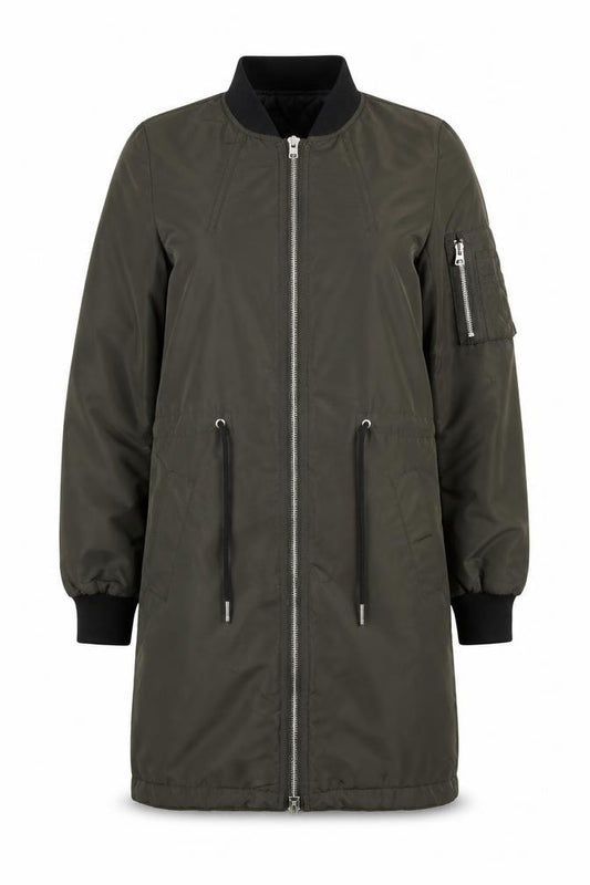 Front view of H&M women’s green parka jacket, size UK 6, zip