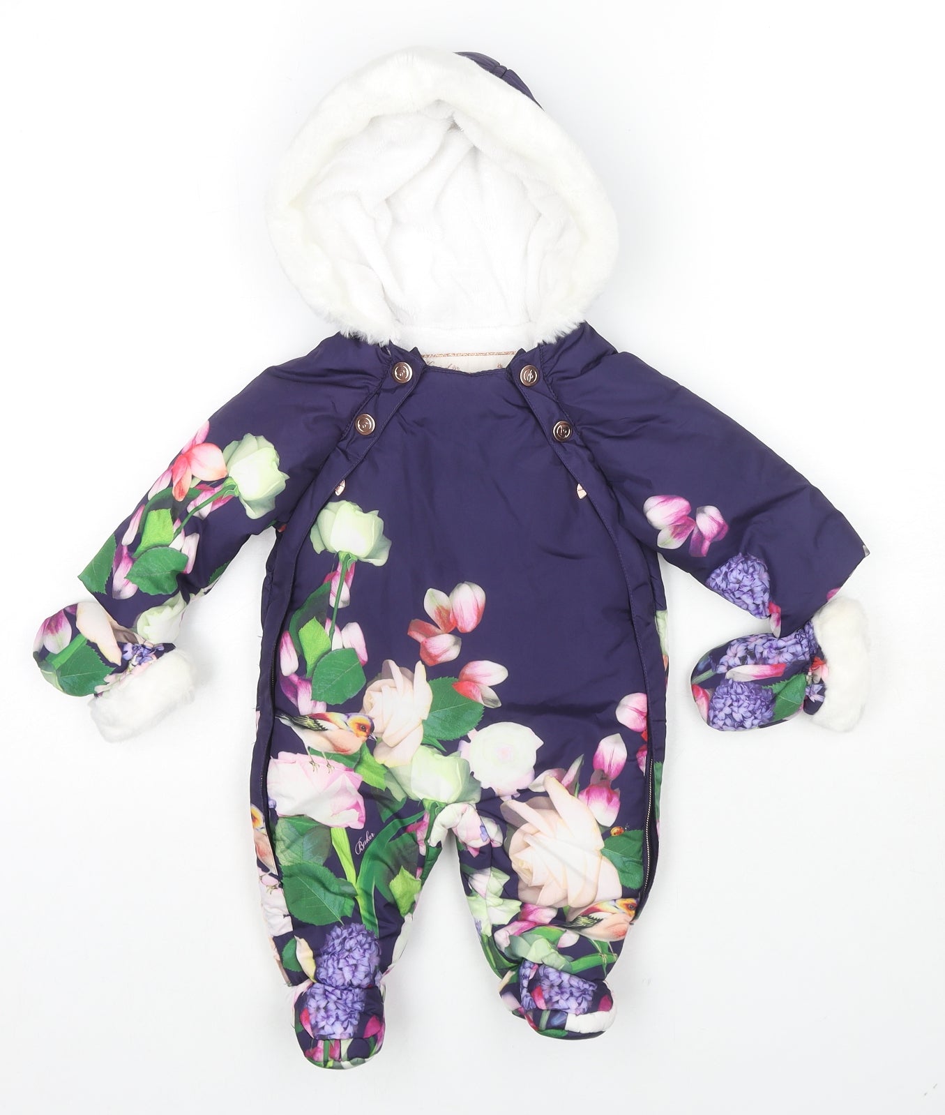 Born By Ted Baker Girls Blue Floral Puffer Jacket Snowsuit Size 0-3 Months Zip