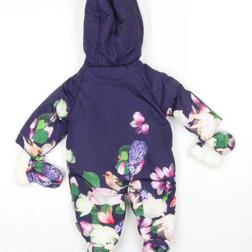 Born By Ted Baker Girls Blue Floral Puffer Jacket Snowsuit Size 0-3 Months Zip