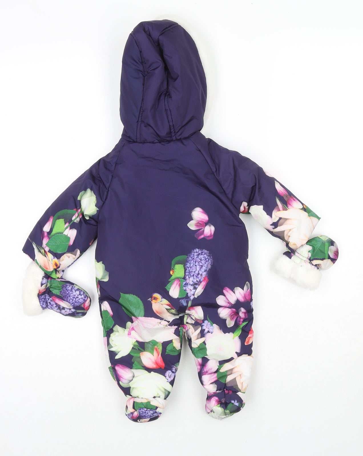 Born By Ted Baker Girls Blue Floral Puffer Jacket Snowsuit Size 0-3 Months Zip