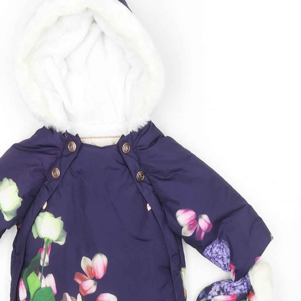 Born By Ted Baker Girls Blue Floral Puffer Jacket Snowsuit Size 0-3 Months Zip
