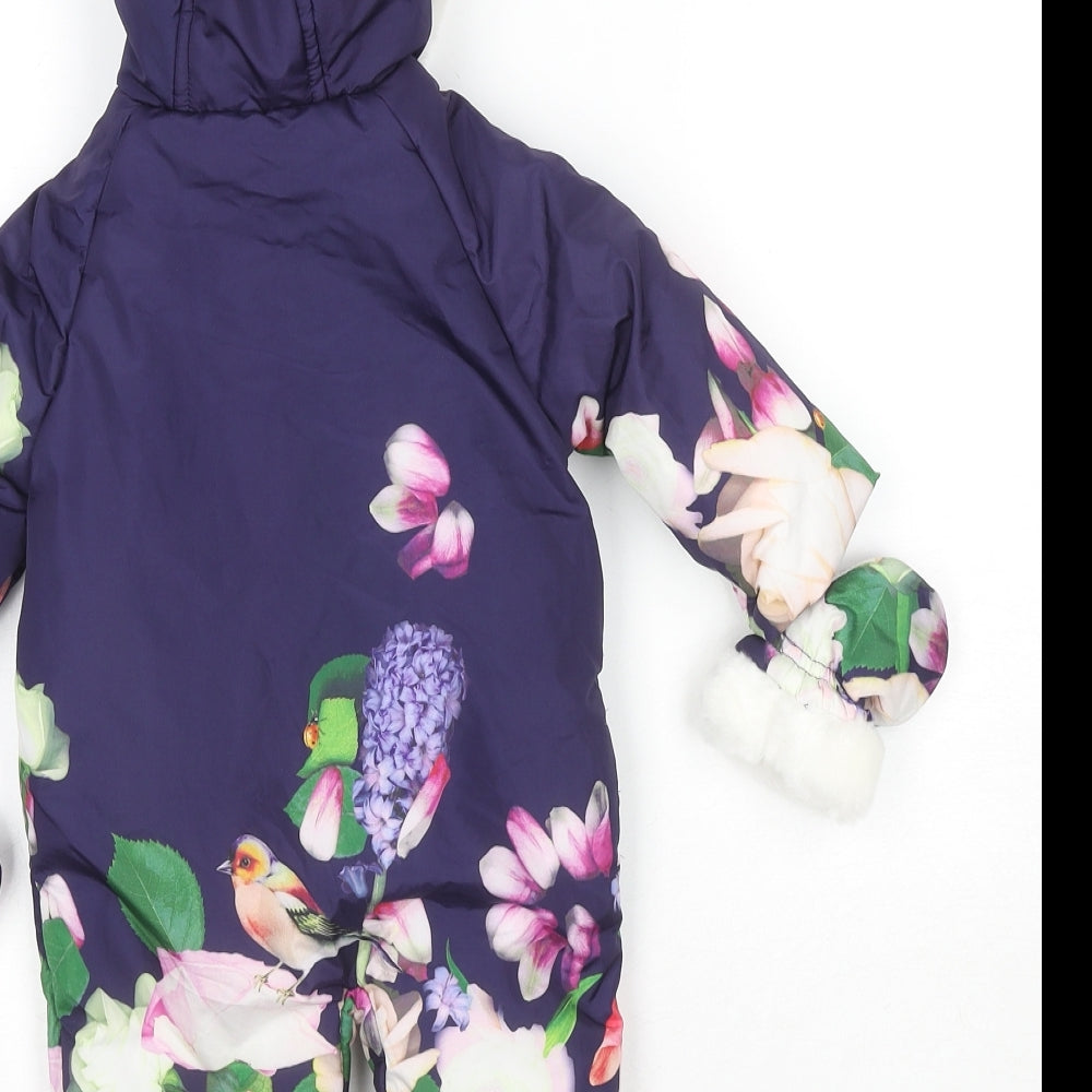 Born By Ted Baker Girls Blue Floral Puffer Jacket Snowsuit Size 0-3 Months Zip