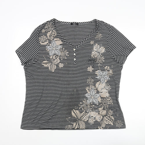 Bonmarché Womens Black Striped Polyester Basic Blouse Size XL V-Neck - Floral Applique Embroidery