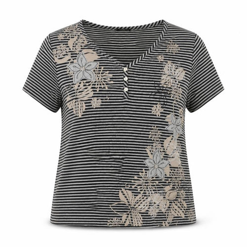 Bonmarché Womens Black Striped Polyester Basic Blouse Size XL V-Neck - Floral Applique Embroidery