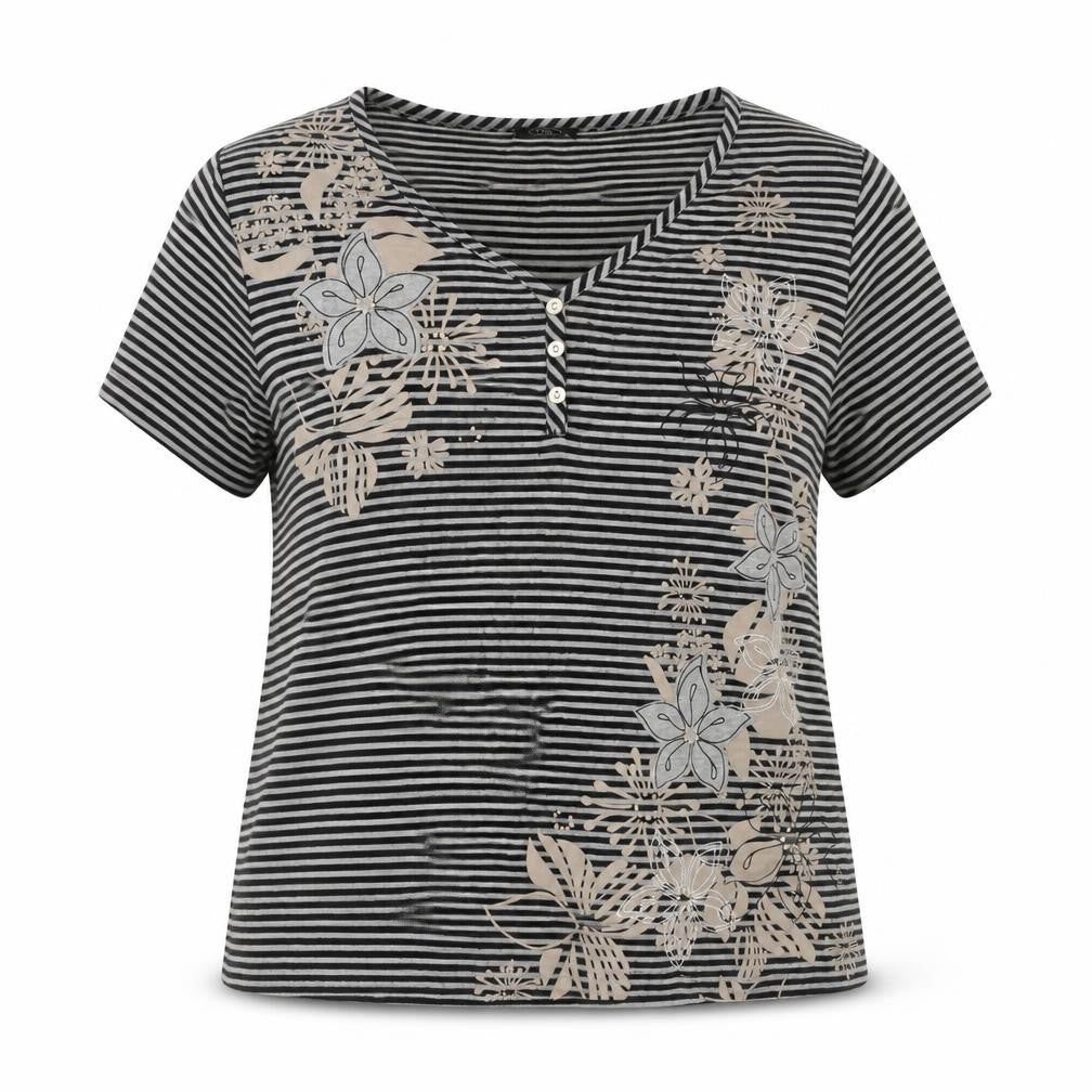 Bonmarché Womens Black Striped Polyester Basic Blouse Size XL V-Neck - Floral Applique Embroidery