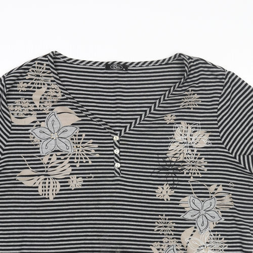 Bonmarché Womens Black Striped Polyester Basic Blouse Size XL V-Neck - Floral Applique Embroidery