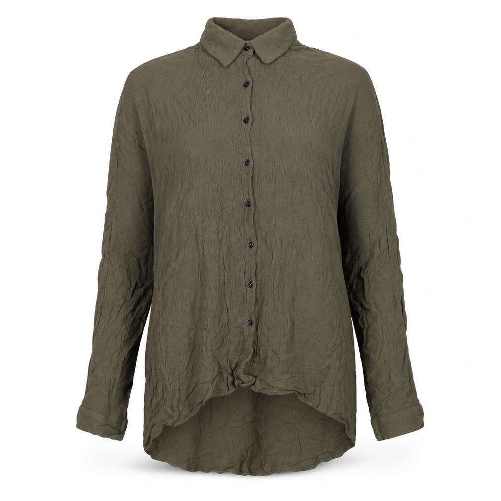 Front view of Zara women’s green viscose basic button-up, size M, collared