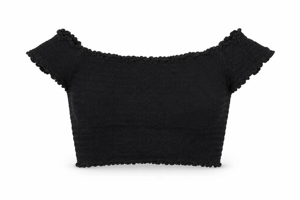 Front view of Divided by H&M women’s black polyester cropped blouse, size L, square neck - rouched