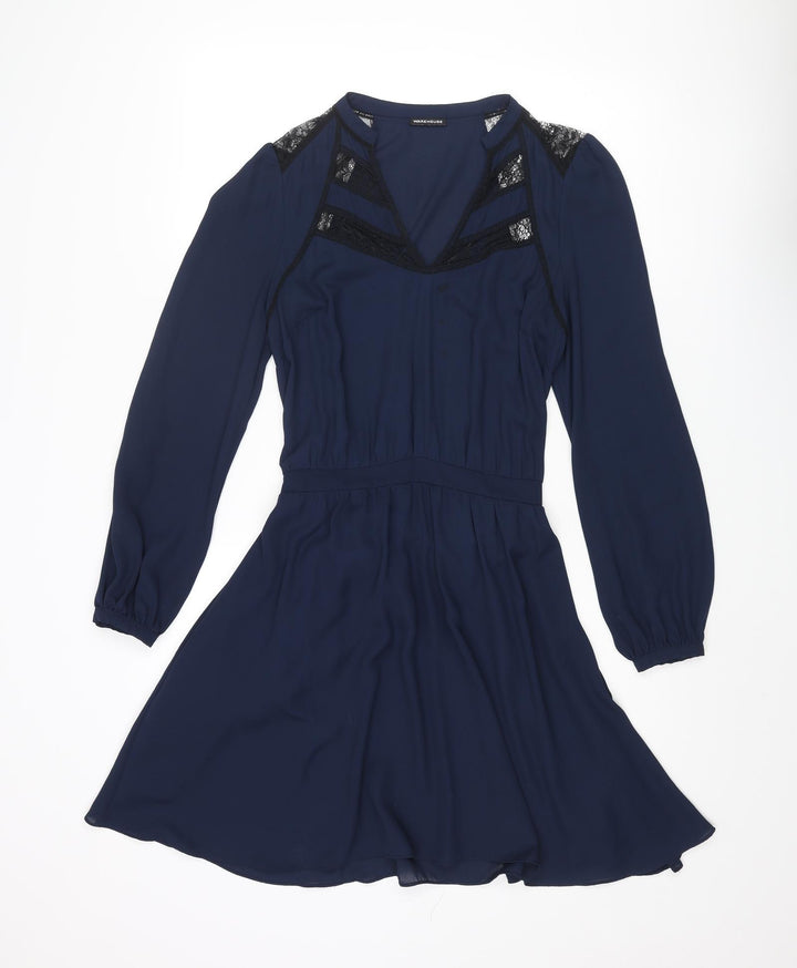 Warehouse Womens Blue Polyester A-Line Size 10 V-Neck Pullover - Lace Detail