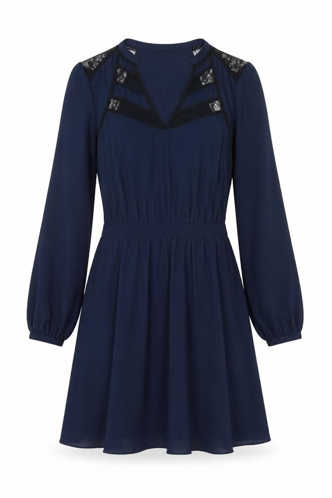 Front view of Warehouse women’s blue polyester a-line, size UK 10, v-neck pullover - lace detail