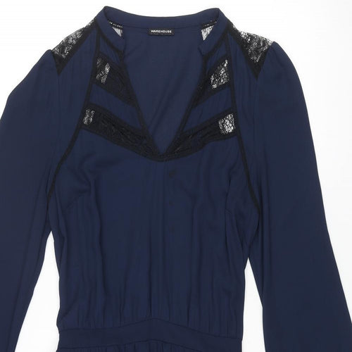 Warehouse Womens Blue Polyester A-Line Size 10 V-Neck Pullover - Lace Detail