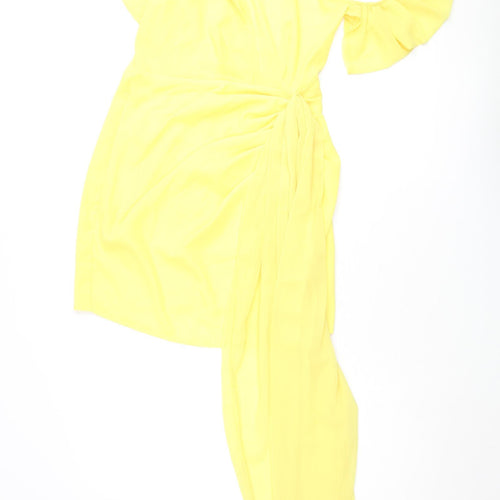 PRETTYLITTLETHING Womens Yellow Polyester Mini Size 10 One Shoulder Zip - Pleated